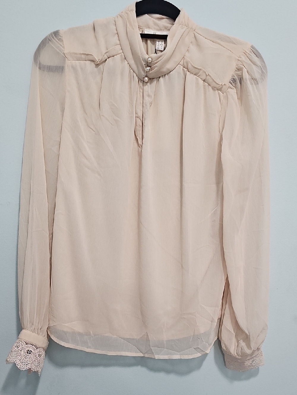 Women’s Sz.small Cream Sheer Long-Sleeve Blouse with Pearl Neck Detail NWT